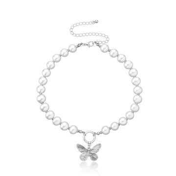 Antique Pearl Chain Necklace With Butterfly Pendant Charms Silvery Neck Jewelry For Women Party Gift Ideas daiiibabyyy
